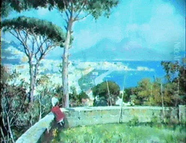 A Woman On A Terrace Overlooking The Bay Of Naples by Attilio Pratella