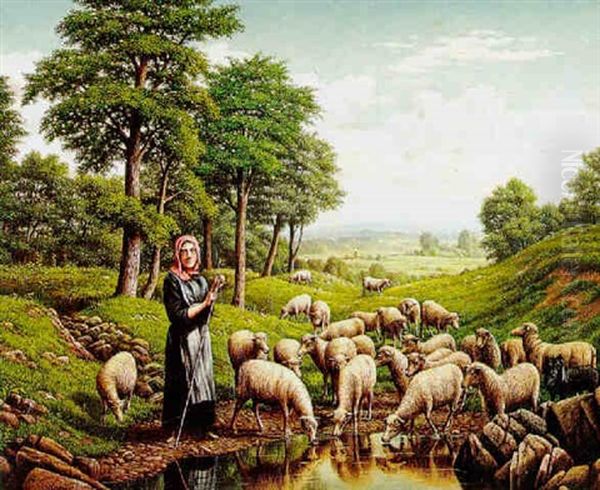 Shepherdess With Her Flock by Levi Wells Prentice