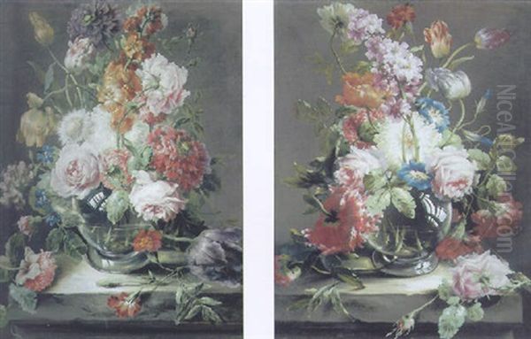 Roses, Tulips, Chrysanthemums And Carnations In A Glass Vase On A Stone Ledge by Jean Jacques Prevost the Elder