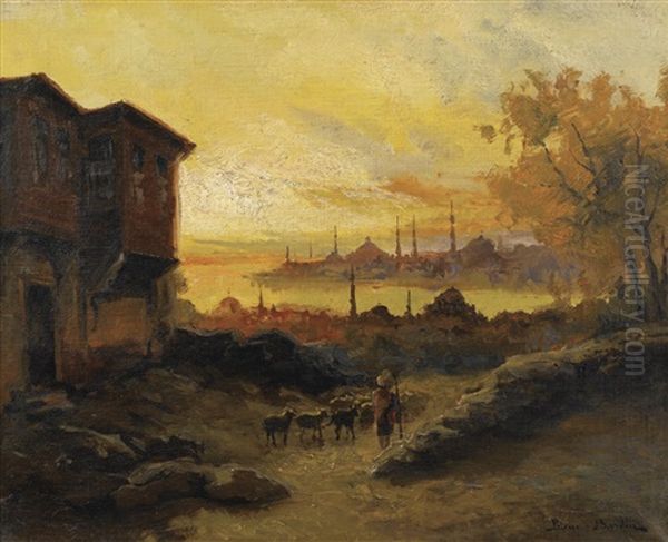 Vue De Constantinople Au Soleil Couchant by Francois Leon Prieur-Bardin