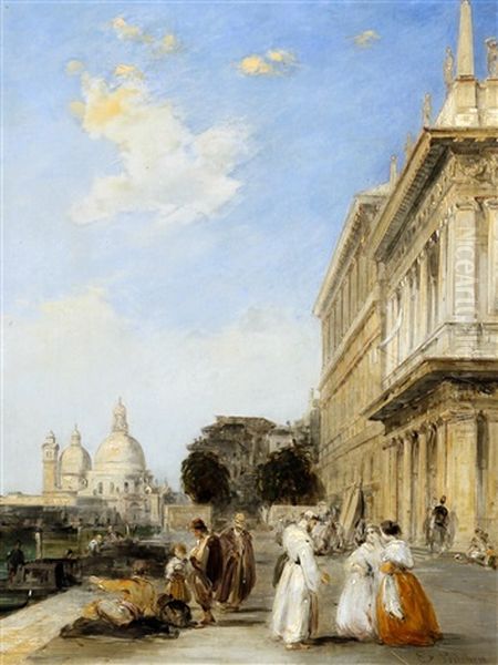 Venice, Figures On The Riva Degli Schiavoni by Edward Pritchett