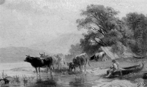 Cows And Herder At The Riverside by Albert Jurardus van Prooijen