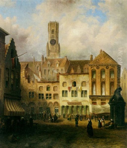 A View Of A Town Square With Numerous Figures And A Church Tower Beyond by Samuel Prout