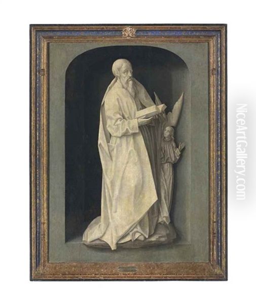 A Male Saint Holding A Book, With An Angel, In A Niche by Jan Provoost