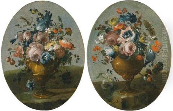 A Pair Of Still Lifes Of Roses, Anemones, Tulips And Other Flowers In Bronze Urns, Resting Upon Stone Ledges (pair) by  Pseudo Guardi