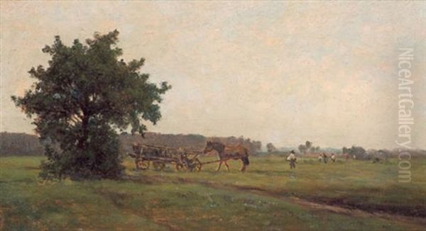 Wiesenlandschaft Mit Bauern Bei Der Heuernte, Links Ein Groser Baum by Victor Puhonny