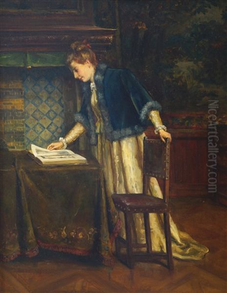 Young Lady In An Interior Reading A Book, Wearing A Velvet Ermine Cloak And Silk Dress by Sarah Henrietta Purser