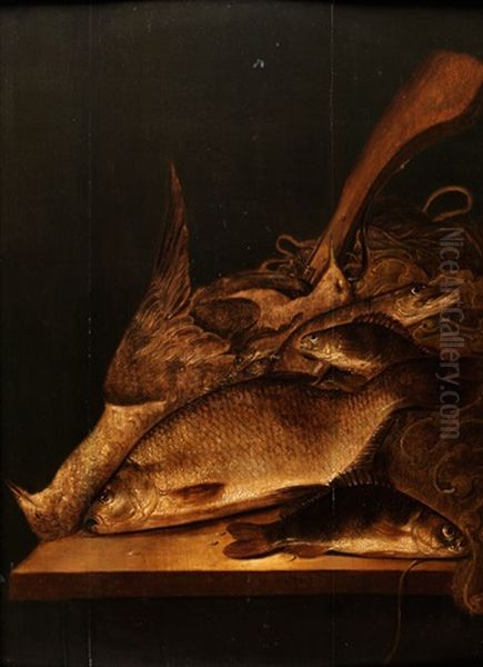 Grosses Fischstilleben Mit Jagdflinte Und Erlegtem Federvieh by Pieter de Putter