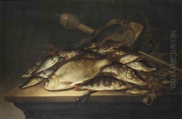 A Pike, A Carp, A Perch, And Various Other Fish, Nets And Other Fishing Equipment On A Table by Pieter de Putter