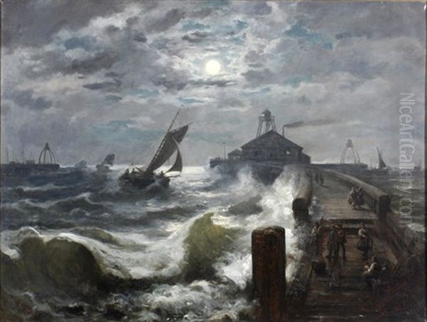 Nachtliche Hafenszene Bei Sturmischer See by Josef Karl Berthold Puettner