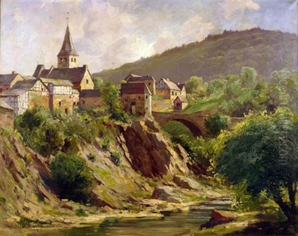 Schuld An Der Ahr. Blick Vom Gegenuber Liegenden Ufer Auf Den Pittoresken Ort Mit Pfarrkirche St. Gertrud Im Herzen Der Eifel by Paul Puetzhofen-Hambuechen