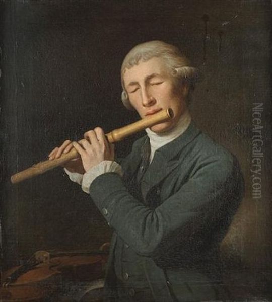 Portrait Of A Gentleman (clemenshaw, Organist Of Wakefield?) In A Blue Coat, Playing The Flute, A Violin On A Table Nearby by Martin Ferdinand Quadal