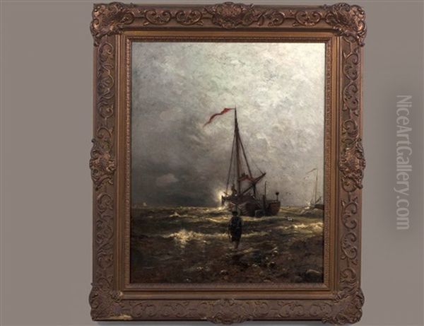 Seashore With Figure And Boats by Arthur Quartley