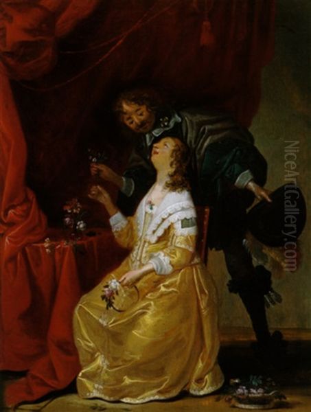 Ein Kavalier Reicht Einer Dame Blumen by Pieter Jansz Quast