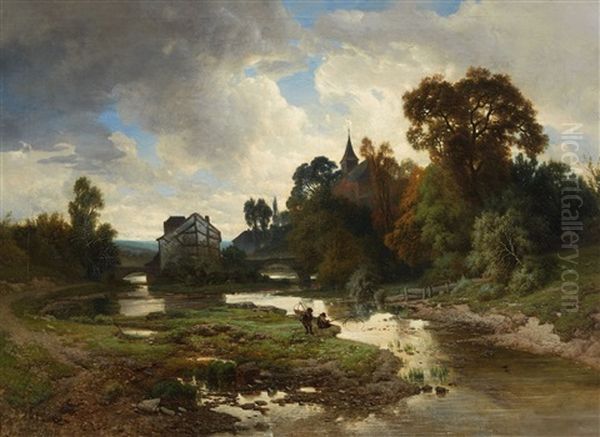 Landscape With A Stream And Fishers by Joseph Quinaux