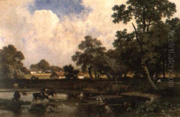 Zomerlandschap Met Koeien Bij De Poel by Joseph Quinaux