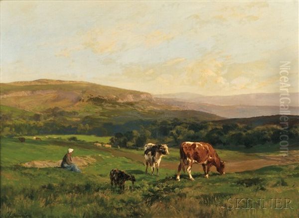 Clement (charles-henri) Quinton (french, 1851-1921) Rural France /pasture View With Shepherdess And Livestock by Clement (Charles-Henri) Quinton