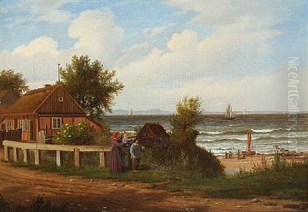 A Fisheman's Family Overlooking The Fishermen's Preparations At The Beach by Peter (Johann P.) Raadsig