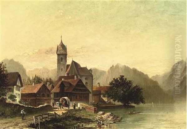 A View Of A Lakeside Town by Marinus van Raden