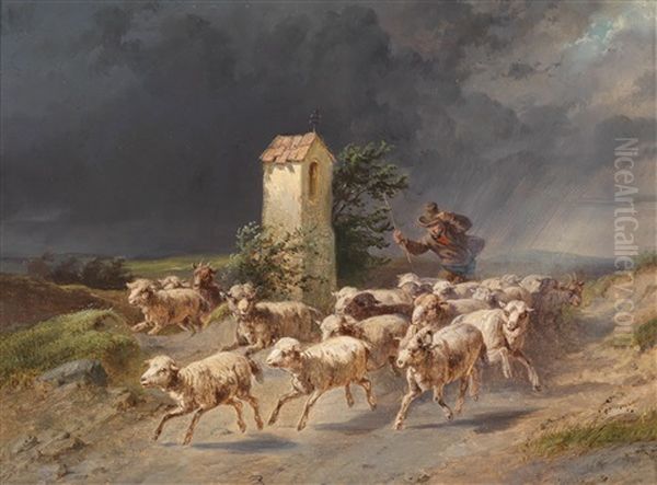 Flucht Des Hirten Mit Seinen Schafen Vor Einem Heranziehenden Gewitter by Johann Gualbert Raffalt