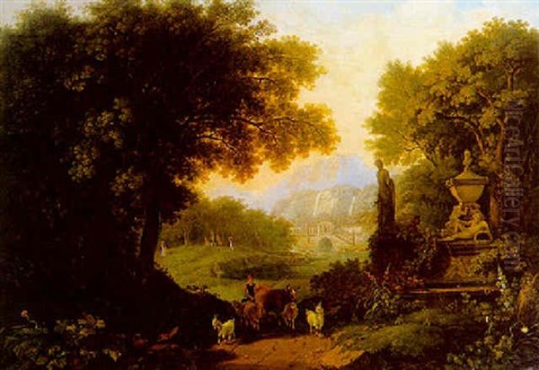 A Classical Landscape With A Drover With Cattle And Goats On A Track By A Fountain by Johann Caspar Rahn