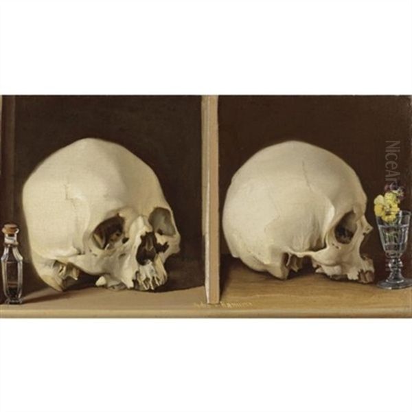 Trompe L'oeil With Two Skulls In A Divided Niche, The Left Skull With A Corked Flask And The Right Skull With Pansies In A Stemmed Glass by Pedro Ramirez