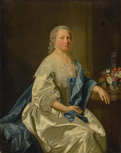 Portrait Of Miss Leighton, Three-quarter Length, Wearing A White Satin Dress And Blue Scarf by Allan Ramsay