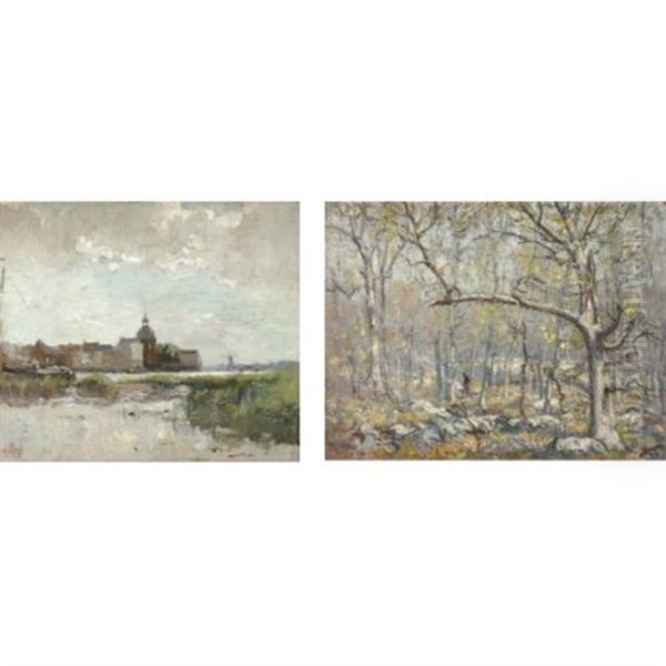 Dutch Landscape (+ Wooded Landscape, Oil On Panel; 2 Works) by Henry Ward Ranger