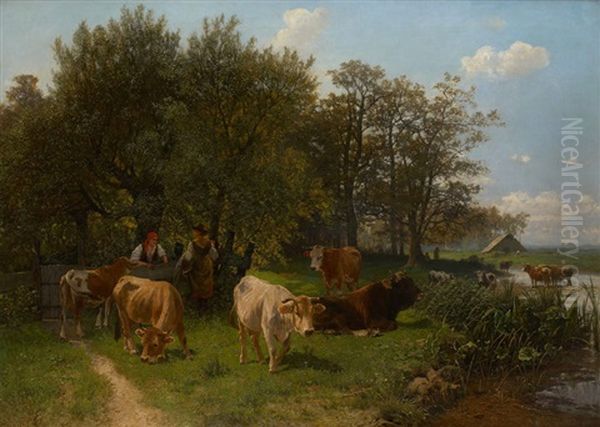 Conversation De Bergeres Dans Un Paysage Ensoleille by Gustav Ranzoni