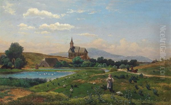 Landschaft Mit Kirche Und Figurlicher Staffage by Gustav Ranzoni