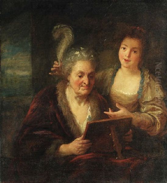 An Elderly Lady Admiring Herself In A Mirror Assisted By Her Chamber Maid by Jean Raoux