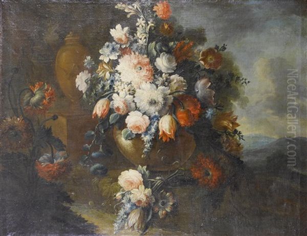 Roses, Tulips, Carnations And Other Flowers In A Stone Vase, Beside Another Vase In A Landscape; Poppies, Convolvulus, Roses And Other Flowers In A Stone Vase Beside Grapes And Peaches Amid Carved Stonework In A Landscape (pair) by Michele Antonio Rapous