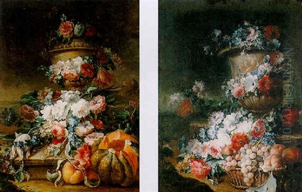 Still Life Of A Garland Of Flowers Draped Around An Urn, With Peaches And A Melon by Michele Antonio Rapous