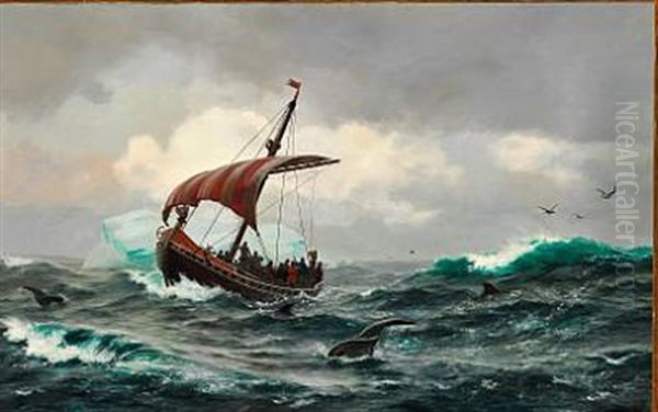 Sommernat Under Den Gronlandske Kyst Circa Aar 1000 (eric The Red And His Crew On Board A Viking Ship) by Carl (Jens Erik C.) Rasmussen