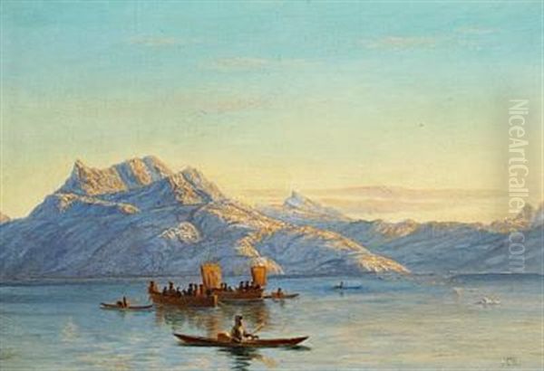 Kayaks And Umiaks On A Greenlandic Fiord by Carl (Jens Erik C.) Rasmussen