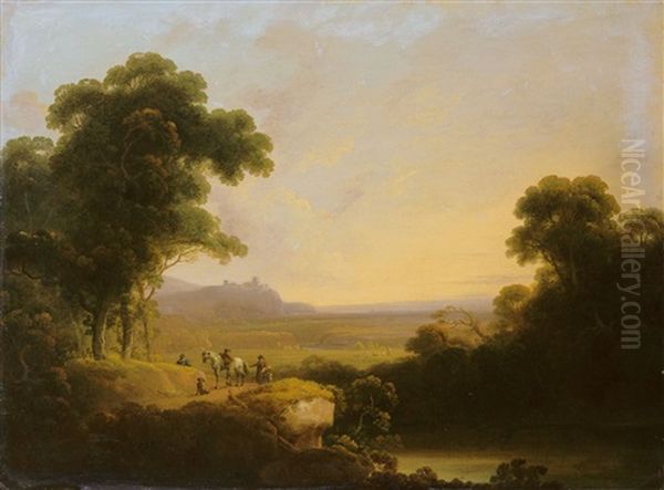 Morgendliche Landschaft Mit Blick Auf Eine Hochgelegene Burg, Harlech Castle In Wales? (+ Abendliche Landschaft Mit Einer Ruine, Kilgerran Castle?; 2 Works) by John Rathbone