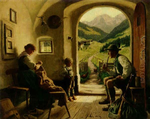 A Tyrolean Family In An Interior by Emil Rau