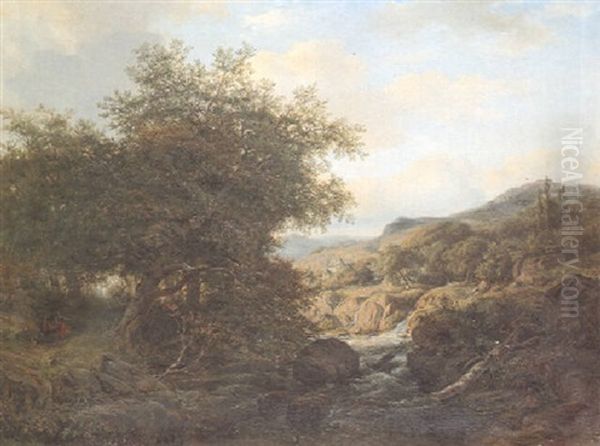 Figures On A Path In A Wooded River Landscape by Johannes Gijsbertus van Ravenswaay