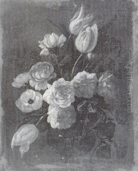 Bouquet De Tulipes Et Roses Dans Un Vase En Verre Sur Un Entablement by Giacomo Recco