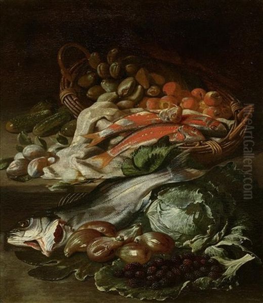 Stillleben Mit Fischen Und Fruchten In Einem Korb by Giuseppe Recco