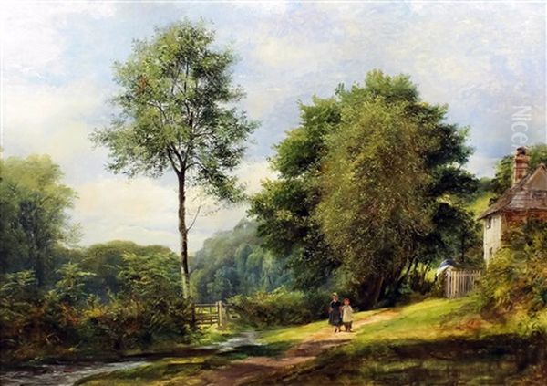 Country Landscape With Two Children On A Path With Stream And Trees To Background by Richard Redgrave