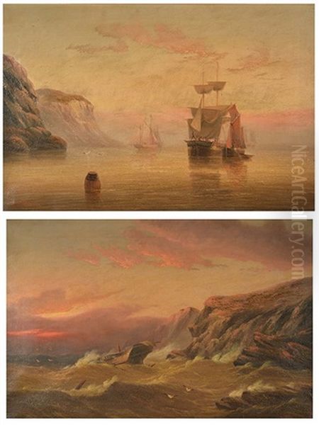 Shipping In A Calm And A Vessel In Distress Off The Coast At Sunset (pair) by Edward King Redmore