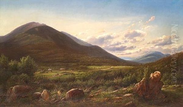 A Carriage And Horsemen On A Road With Mount Washington In The Distance by Ferdinand Reichardt