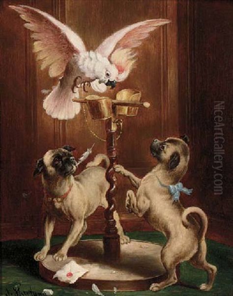 Pugs And A Parrot by Carl Reichert