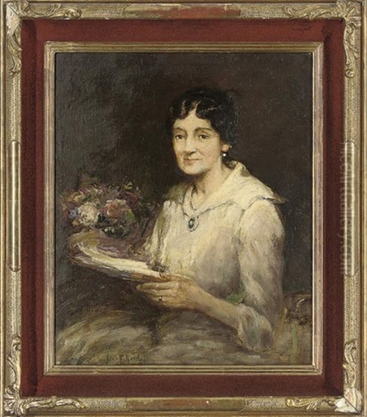 Portrait Of A Lady In A White Dress Holding A Book by John Robertson Reid