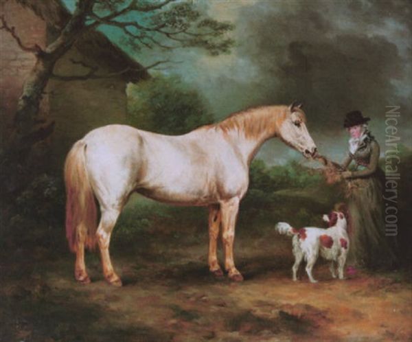 Mrs. Heywood With Her Grey Hunter And A Spaniel In A Landscape by Philipp Reinagle