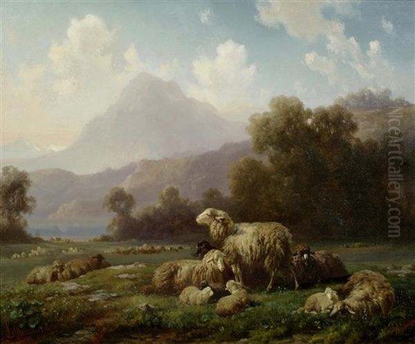 Sheep Resting, A Mountainous Landscape Beyond by Louis (Ludwig) Reinhardt