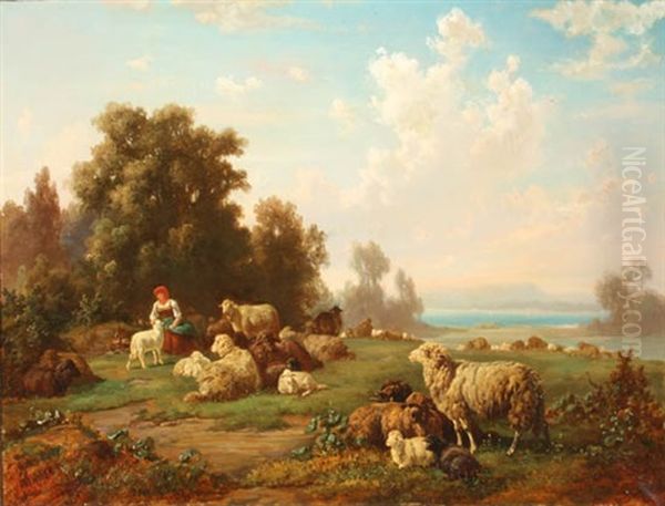 Shepherdess With Sheep by Louis (Ludwig) Reinhardt