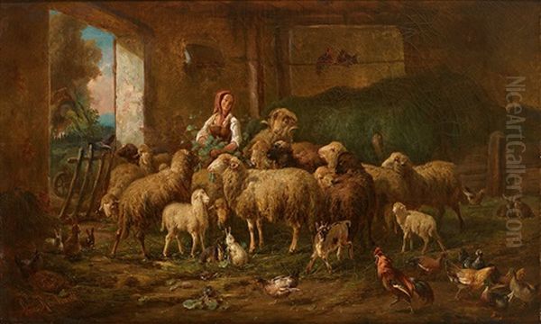 Schafherde Im Stall Mit Federvieh Und Junger Bauerin by Louis (Ludwig) Reinhardt