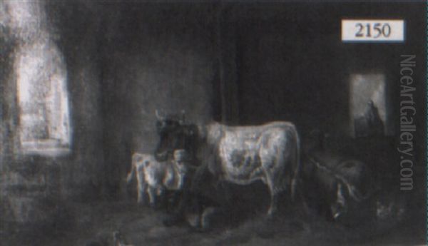 Cattle Inside A Barn by Louis (Ludwig) Reinhardt